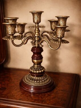 Antique-Inspired Gold and Brown Five-Arm Decorative Candle Holder